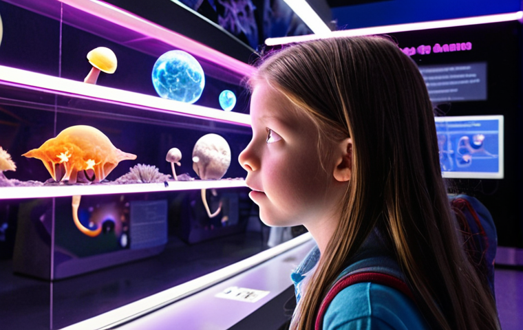 **

A middle school student looking curiously at a science exhibit with glowing elements and informative displays. The scene is vibrant and engaging, with other kids also showing interest. Focus on capturing the sense of wonder and the spark of curiosity. Add subtle light rays to enhance the magical and informative atmosphere.

**