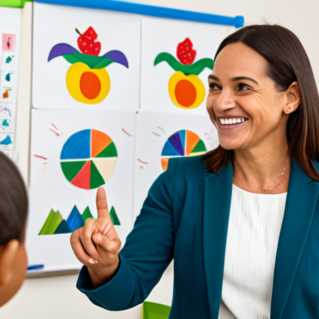 **
"A parent-teacher conference in a bright, modern classroom. A fully clothed mother in professional attire attentively listens to a smiling teacher. The teacher is pointing to a child's artwork displayed on the wall. Background includes colorful learning materials and children's books. Safe for work, appropriate content, fully clothed, professional, family-friendly, perfect anatomy, correct proportions, natural pose, well-formed hands, proper finger count, natural body proportions, high quality."
**