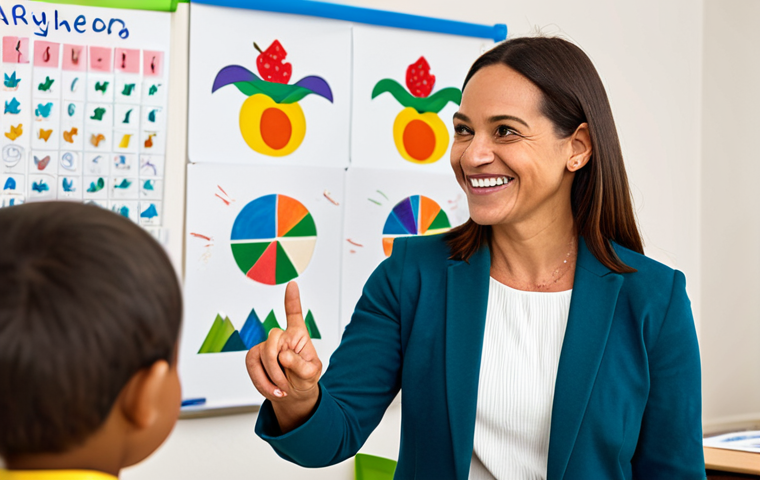 **

"A parent-teacher conference in a bright, modern classroom. A fully clothed mother in professional attire attentively listens to a smiling teacher. The teacher is pointing to a child's artwork displayed on the wall. Background includes colorful learning materials and children's books. Safe for work, appropriate content, fully clothed, professional, family-friendly, perfect anatomy, correct proportions, natural pose, well-formed hands, proper finger count, natural body proportions, high quality."

**