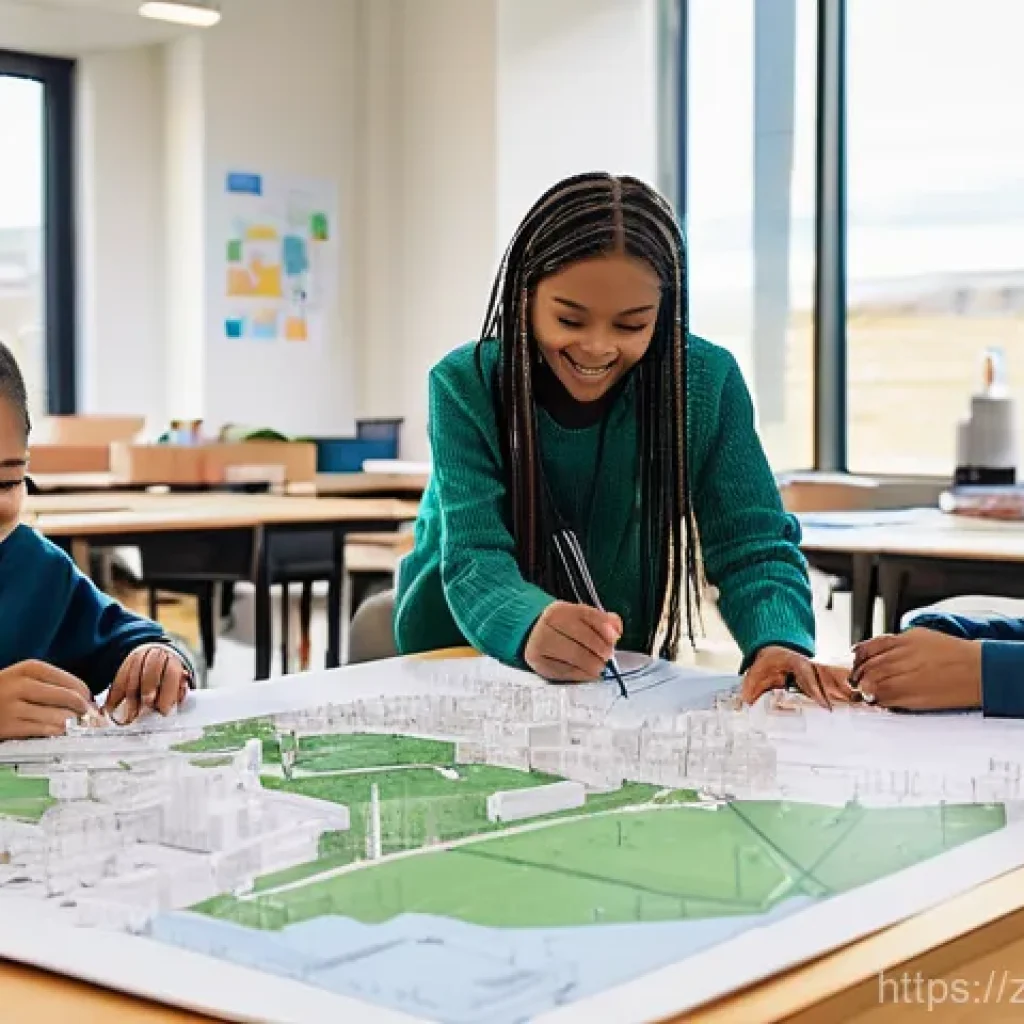 중학교 융합 교육 - **Prompt 1: Future City Designers in Action**
"A vibrant, wide-angle shot of a group of diverse ...