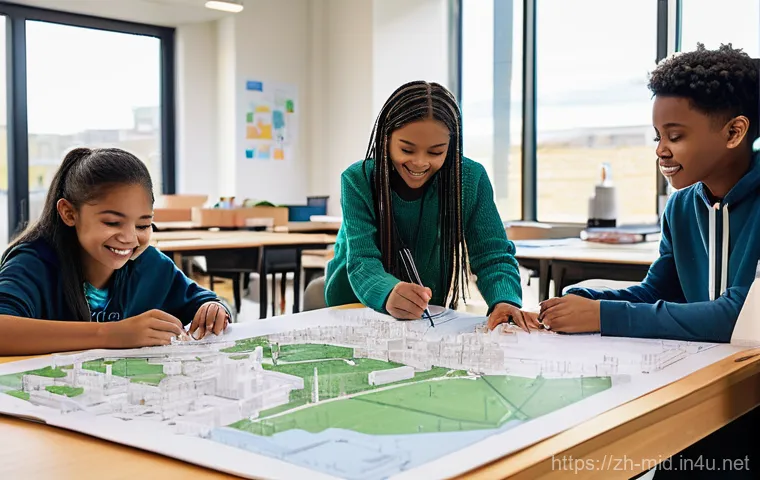 중학교 융합 교육 - **Prompt 1: Future City Designers in Action**
    "A vibrant, wide-angle shot of a group of diverse ...