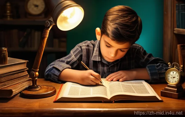 중학교 교과서 외 자료 활용 - **Prompt**: A curious young boy, around 8-10 years old, meticulously examining a disassembled clock ...