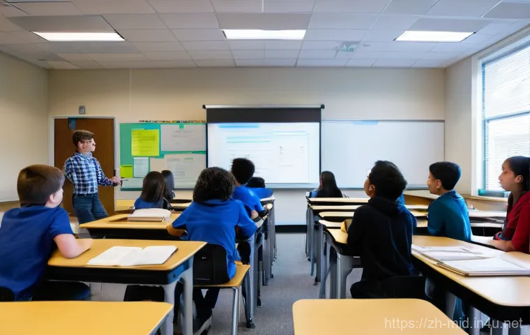 중학교 블렌디드 러닝 - **Online Resource Exploration & Engaged Learning:**
    "A vibrant scene featuring a diverse group o...
