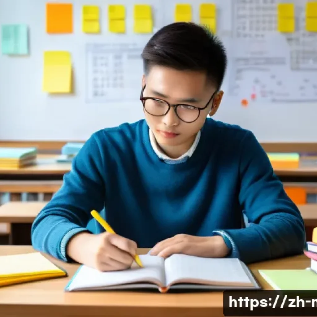 중학교 수행평가 준비법 - A modern Chinese high school student sitting at a clean wooden desk in a bright, cozy study room, or...