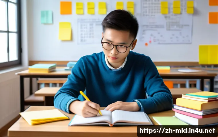 중학교 수행평가 준비법 - A modern Chinese high school student sitting at a clean wooden desk in a bright, cozy study room, or...