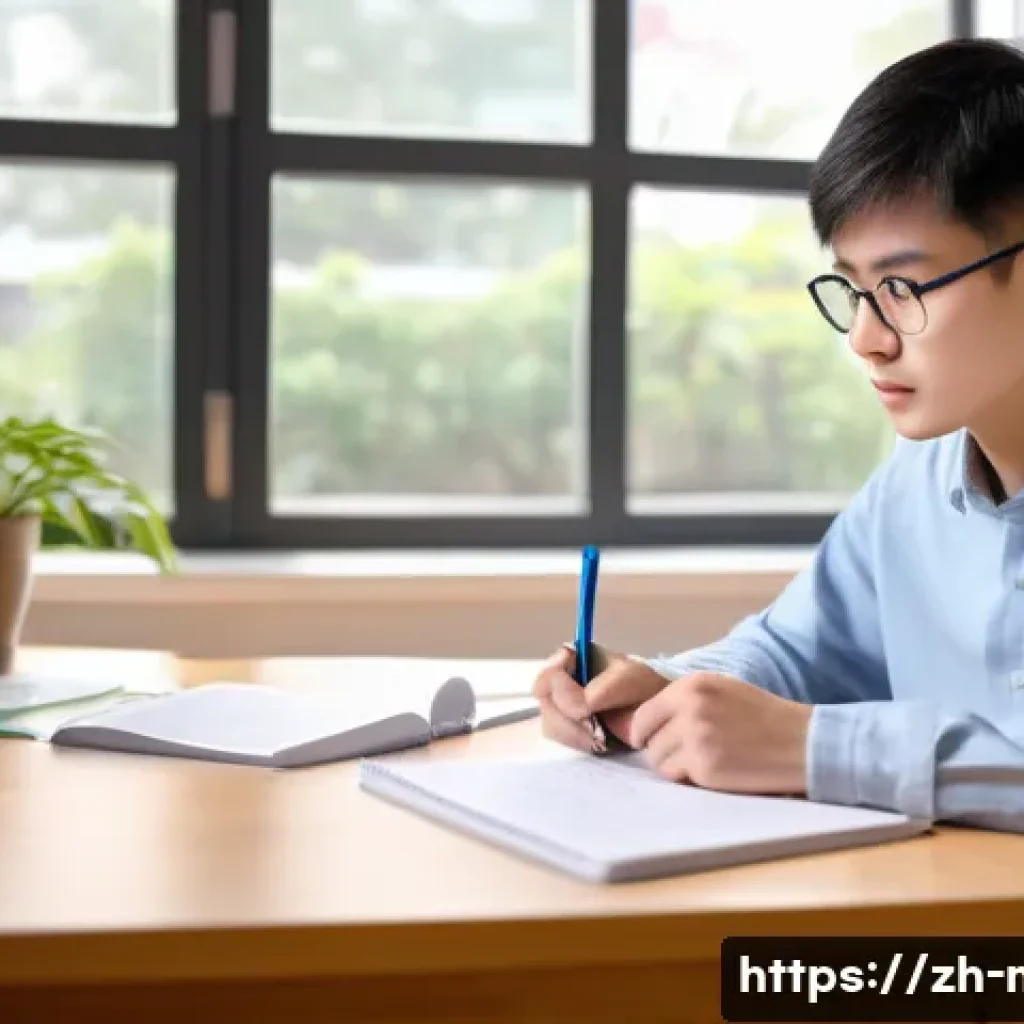 중학교 시험 대비법 - A modern Chinese high school student sitting at a tidy wooden desk in a bright study room, surrounde...
