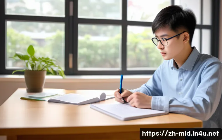 중학교 시험 대비법 - A modern Chinese high school student sitting at a tidy wooden desk in a bright study room, surrounde...