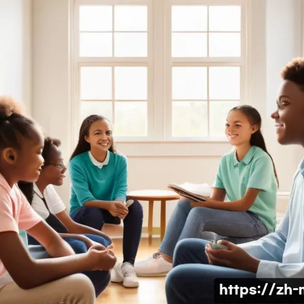 중학교 학생 상담 기법 - A warm and inviting middle school counseling room scene showing a diverse group of attentive student...