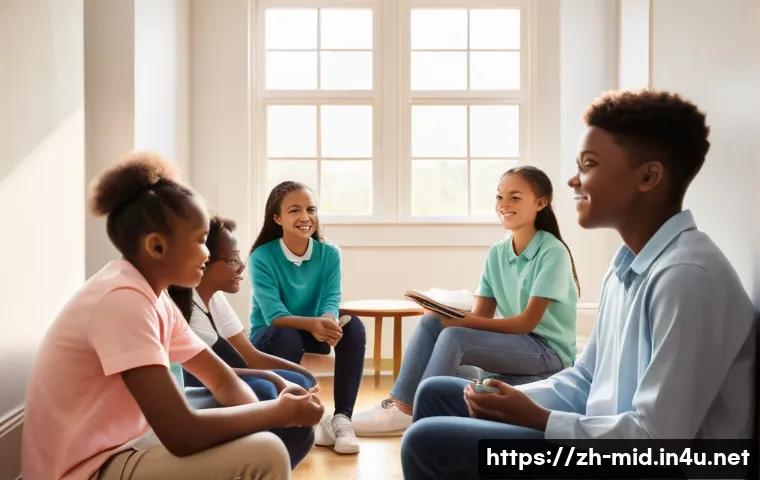 중학교 학생 상담 기법 - A warm and inviting middle school counseling room scene showing a diverse group of attentive student...