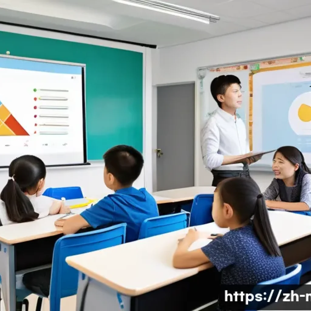 중학교 학습 피드백 제공법 - A modern classroom scene with a diverse group of Chinese students attentively listening to a teacher...