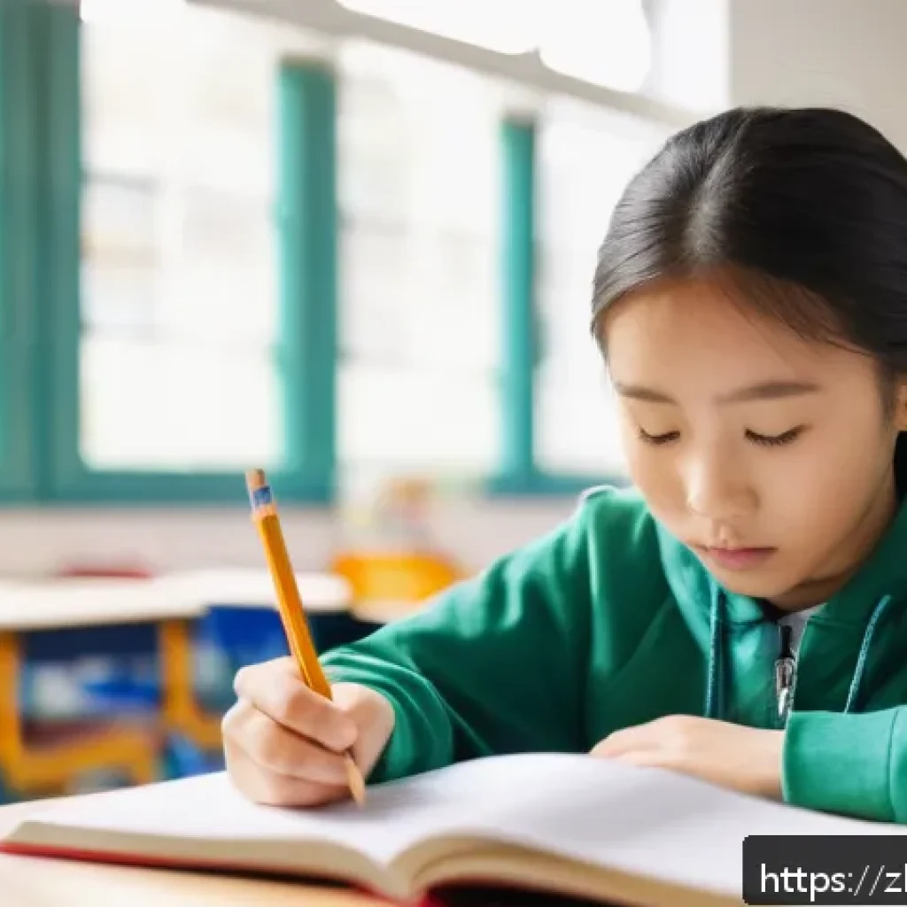 중학교 교육 심리학 - A middle school student sitting at a desk in a bright, modern classroom, attentively writing in a di...