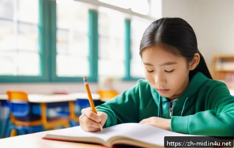 중학교 교육 심리학 - A middle school student sitting at a desk in a bright, modern classroom, attentively writing in a di...