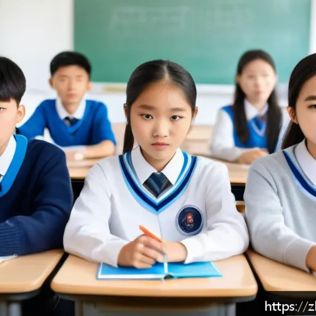 중학교 학생 심리 검사 도구 - A diverse group of Chinese middle school students sitting in a bright classroom, attentively partici...