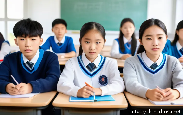 중학교 학생 심리 검사 도구 - A diverse group of Chinese middle school students sitting in a bright classroom, attentively partici...