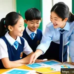 중학교 이중 언어 교육 - A lively multicultural bilingual classroom scene in a modern Chinese middle school, showing diverse ...