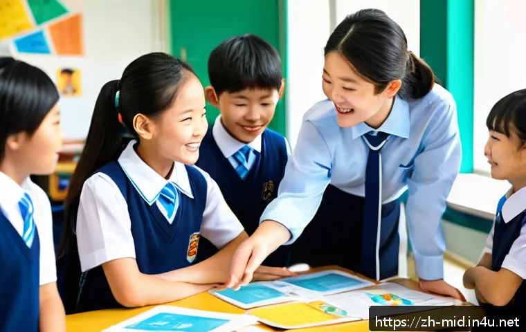 중학교 이중 언어 교육 - A lively multicultural bilingual classroom scene in a modern Chinese middle school, showing diverse ...