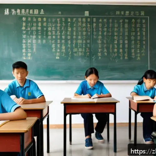 중학교 과목별 성취 기준 - A modern Chinese middle school classroom scene focused on language arts study: a diverse group of at...