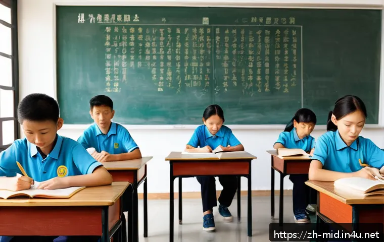 중학교 과목별 성취 기준 - A modern Chinese middle school classroom scene focused on language arts study: a diverse group of at...