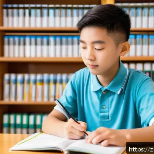 중학교 온라인 학습 도구 - A modern Chinese middle school student sitting at a tidy desk in a bright, quiet study room, using a...