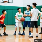 중학교 방과후 활동 - A vibrant after-school basketball training scene showing a diverse group of teenage students in spor...