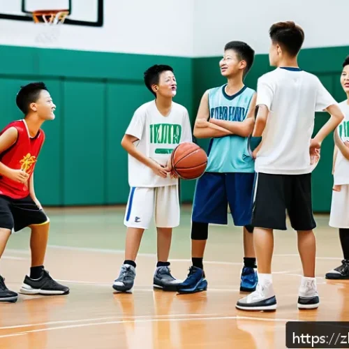 중학교 방과후 활동 - A vibrant after-school basketball training scene showing a diverse group of teenage students in spor...