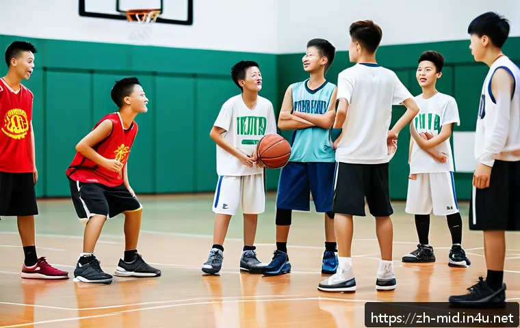 중학교 방과후 활동 - A vibrant after-school basketball training scene showing a diverse group of teenage students in spor...