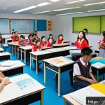 중학교 수업 설계 - A vibrant, modern classroom scene featuring middle school students actively engaged in a role-playin...