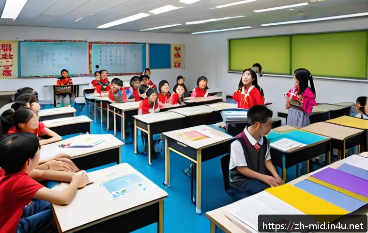 중학교 수업 설계 - A vibrant, modern classroom scene featuring middle school students actively engaged in a role-playin...