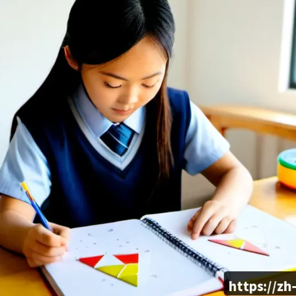 중학교 수학 문제 해결법 - Photorealistic middle school classroom, an East Asian student calmly solving a geometry puzzle using...