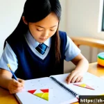 중학교 수학 문제 해결법 - Photorealistic middle school classroom, an East Asian student calmly solving a geometry puzzle using...