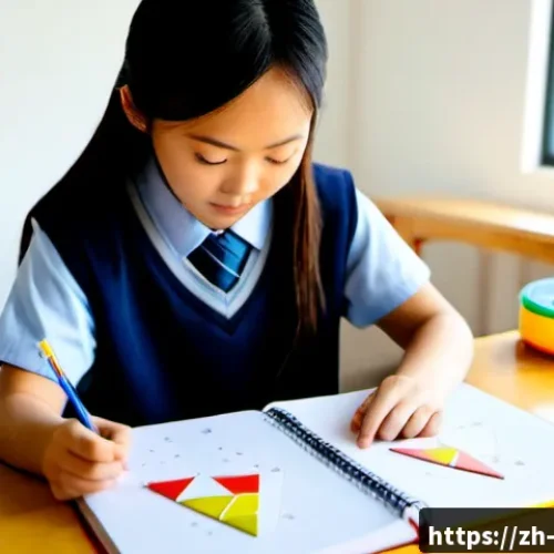 중학교 수학 문제 해결법 - Photorealistic middle school classroom, an East Asian student calmly solving a geometry puzzle using...