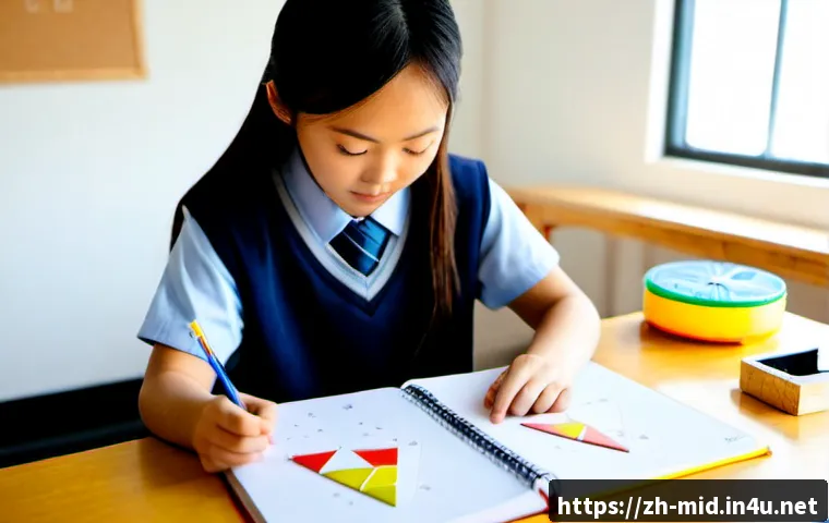중학교 수학 문제 해결법 - Photorealistic middle school classroom, an East Asian student calmly solving a geometry puzzle using...