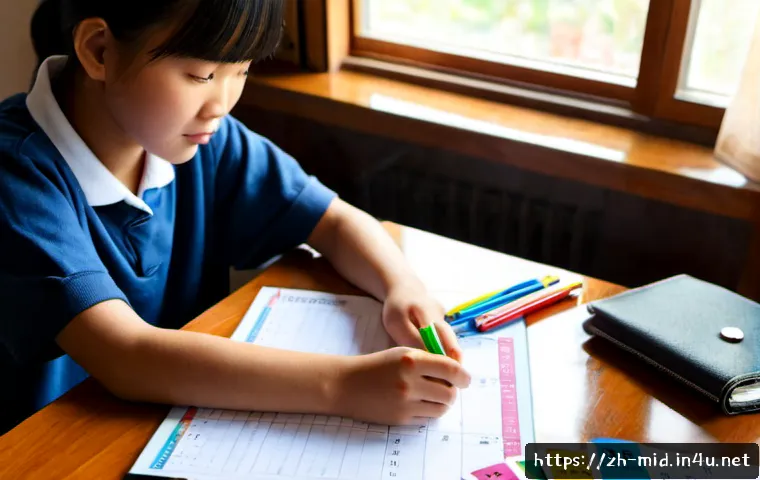 중학교 목표 기반 학습법 - Photorealistic middle school student at a tidy home study desk, arranging colorful goal cards with s...