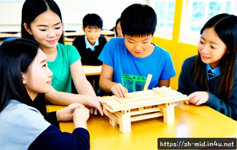 중학교 창의적 문제 해결력 - Photorealistic middle school classroom scene, a diverse group of students collaboratively solving a ...